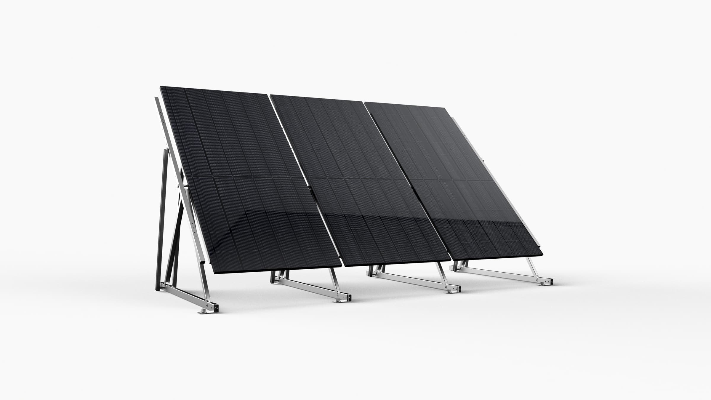 Studio render of three framed panels in one row on a single Lawn Lizard frame, seen from the front and slightly to the left, with the support rails, the diagonal braces and the bolted feet in view.