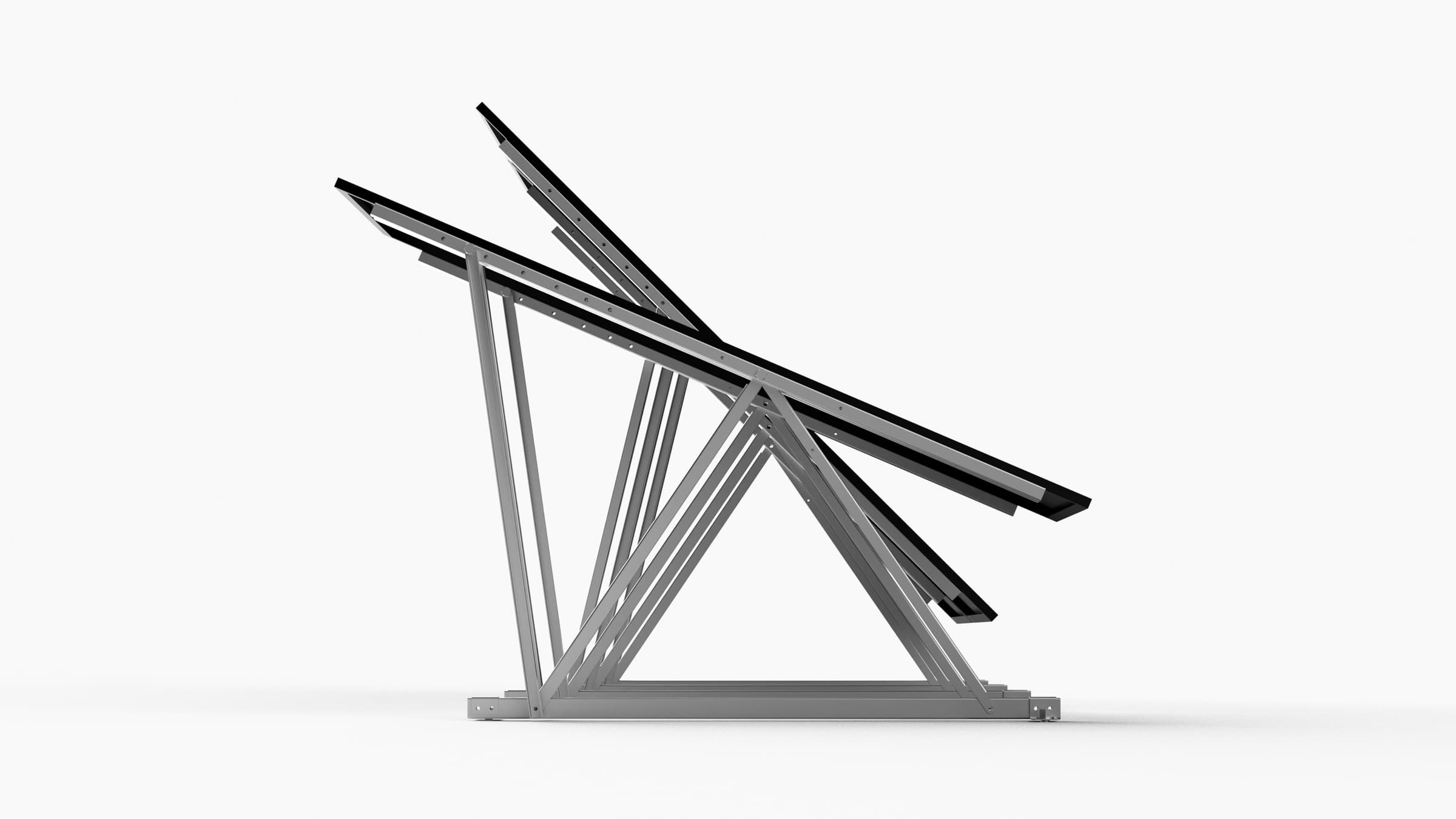 Studio render of the Lawn Lizard from the side with the panel drawn at several tilt positions at once, fanned out from the pivot, the rear support at a different length behind each one.