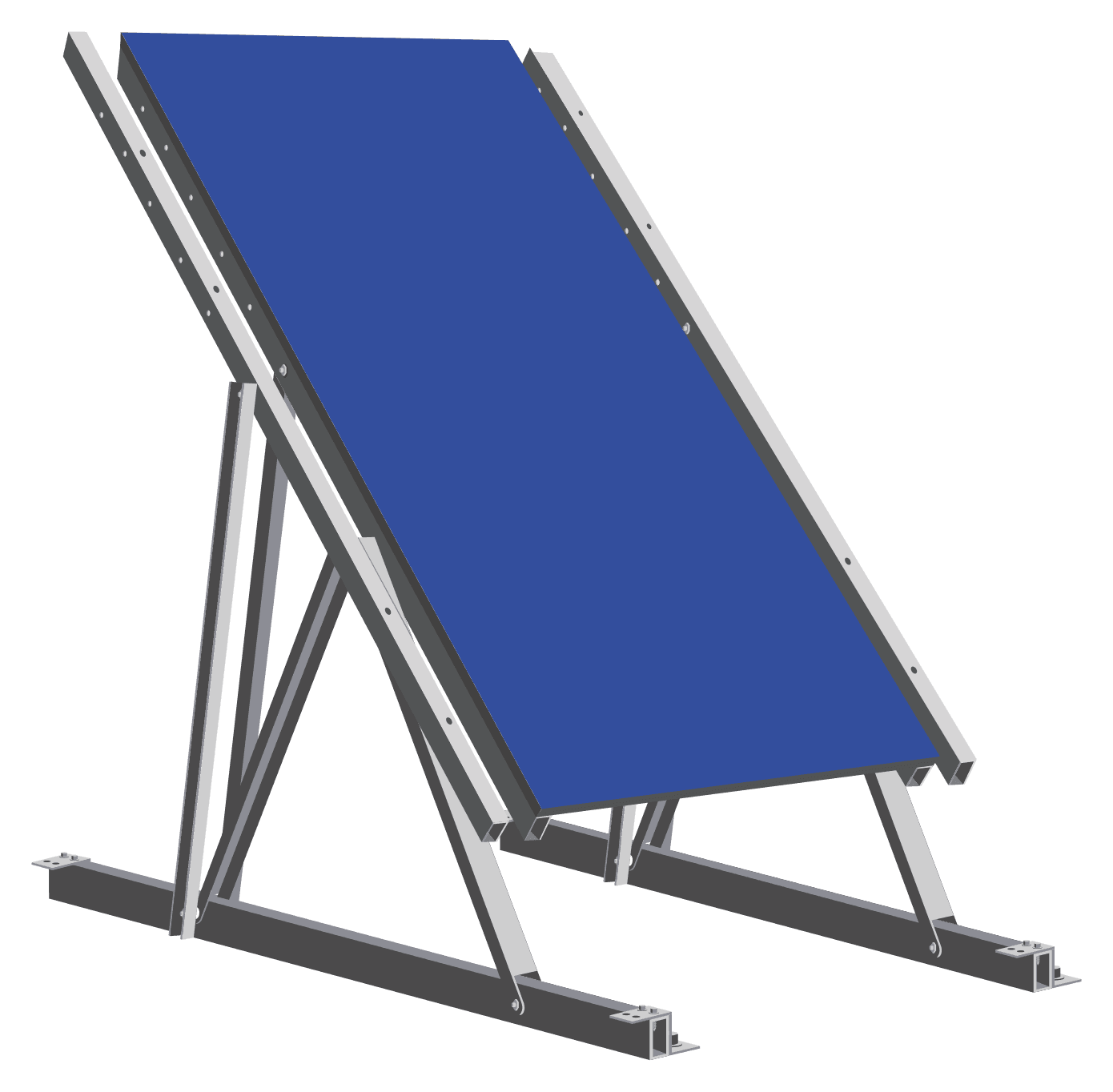 One framed solar module in portrait on a single Lawn Lizard backyard solar ground mount, drawn from the engineering model: the tilted A-frame seen from three quarters, standing on two base beams with a bolted foot plate at each end.